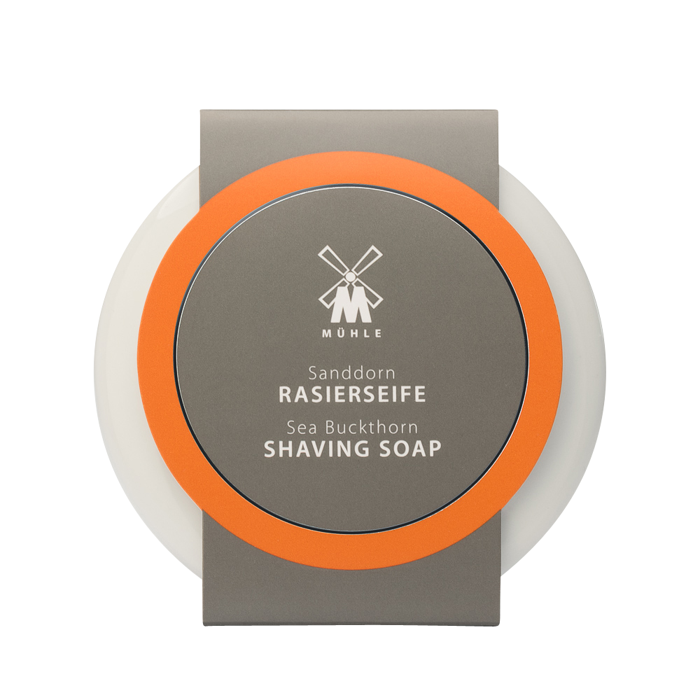 Rasierseife Sanddorn im Porzellanschälchen
