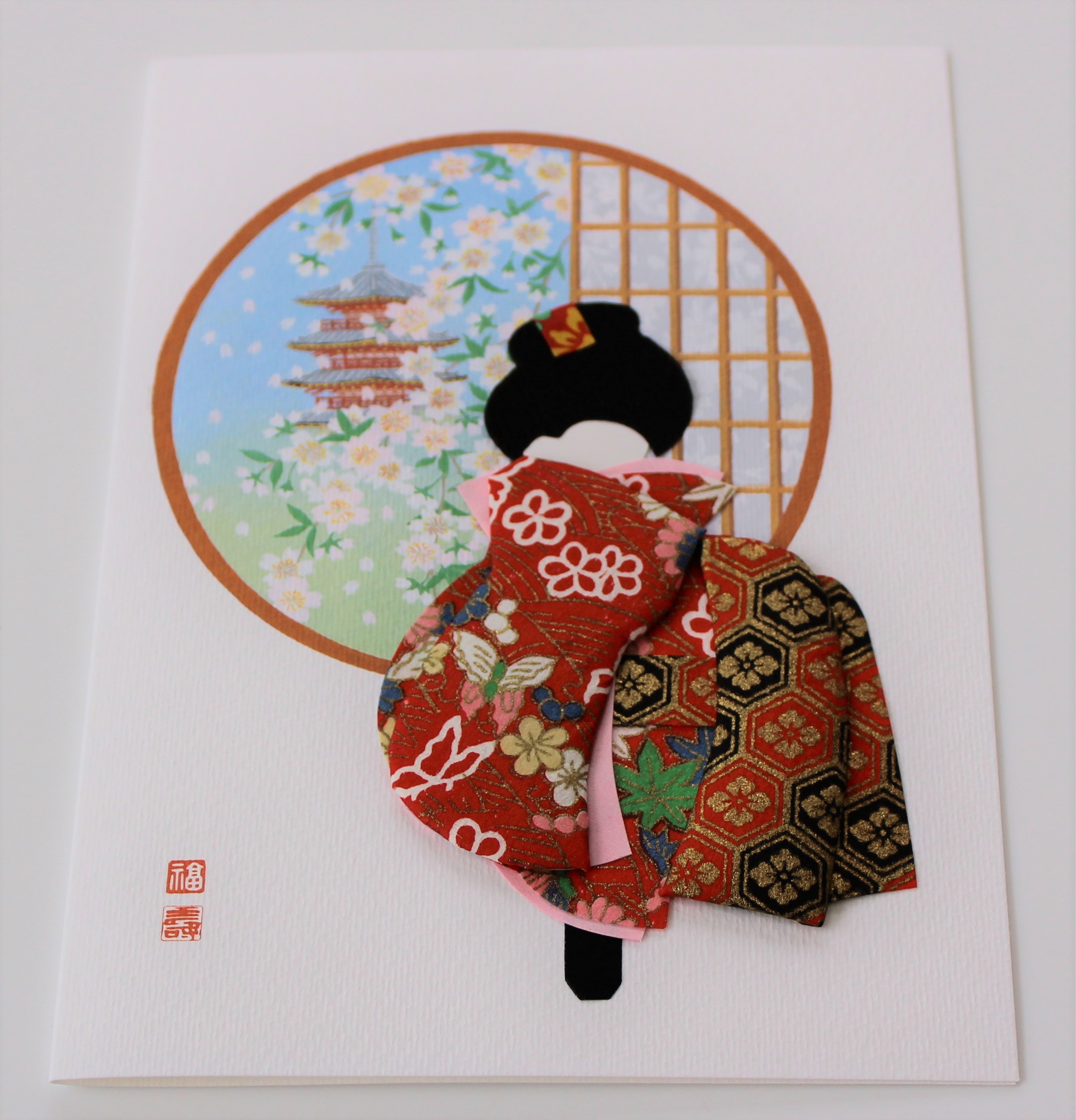 Geisha-rot-dick Grußkarte Geisha Fenster Pagode